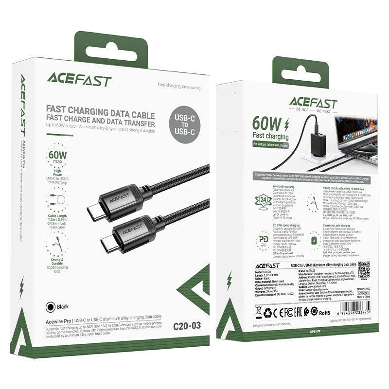 Acefast c20-03 usb-c la usb-c din aliaj de aluminiu cablu pentru încărcare și transfer de date negru 2