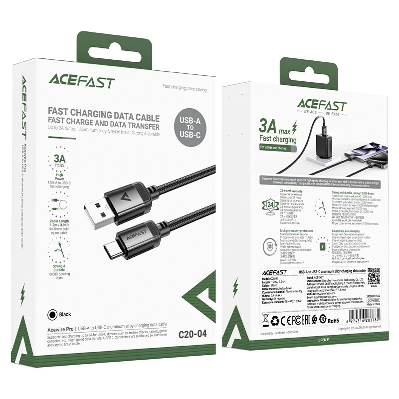 Acefast c20-04 usb-a la usb-c din aliaj de aluminiu cablu pentru încărcare și transfer de date negru 2