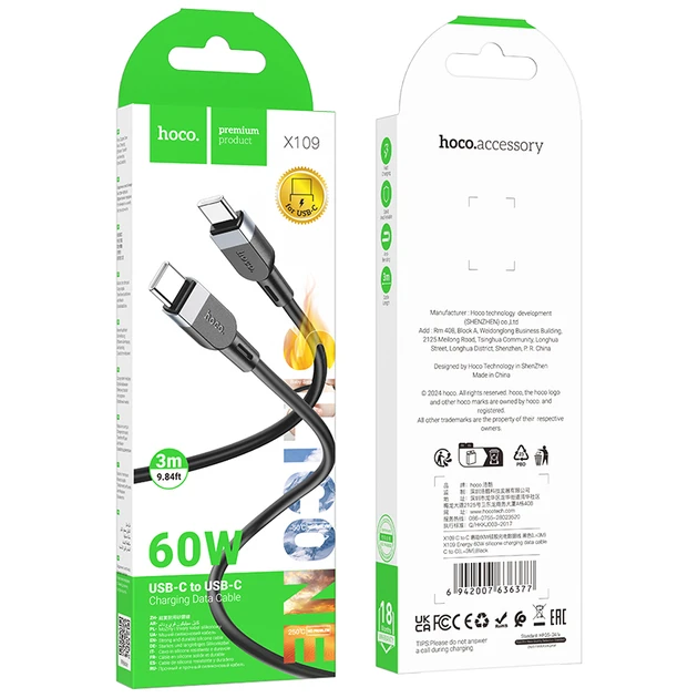 Hoco x109 energy 60w din silicon cablu pentru încărcare și transfer de date usb-c la usb-c(lungime 3 m) negru 2