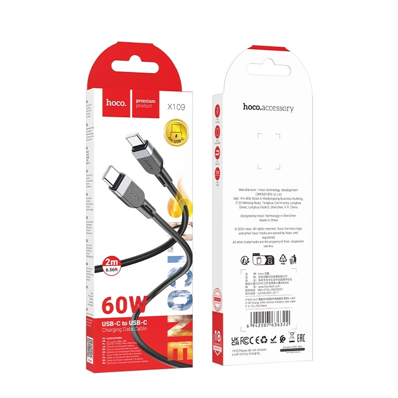 Hoco x109 energy 60w din silicon cablu pentru încărcare și transfer de date usb-c la usb-c(lungime 2 m) negru 2