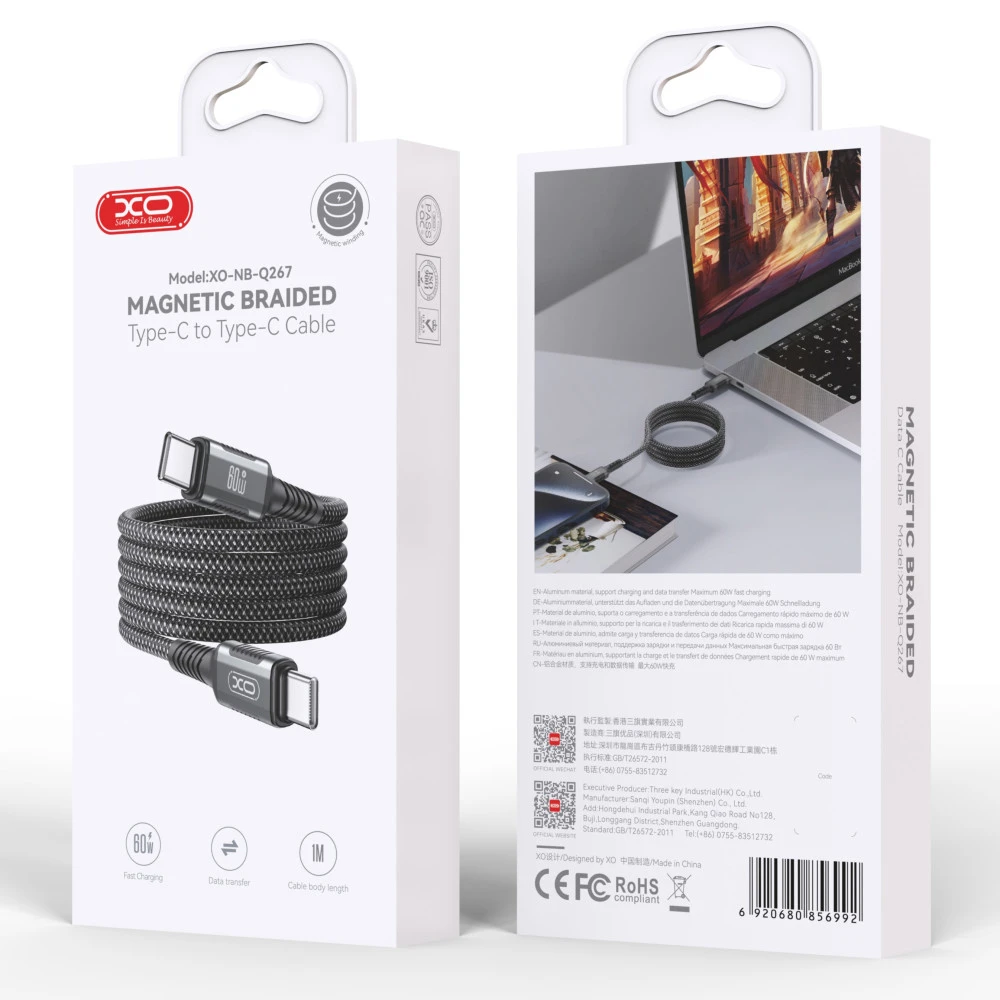Xo nb-q267 магнитный в оплетке usb-c на usb-c 60w кабель для передачи данных 1 м черный 4