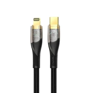 Xo nb-q223a прозрачная серия с позолоченными контактами usb-c на lightning 27w в оплетке кабель для передачи данных черный