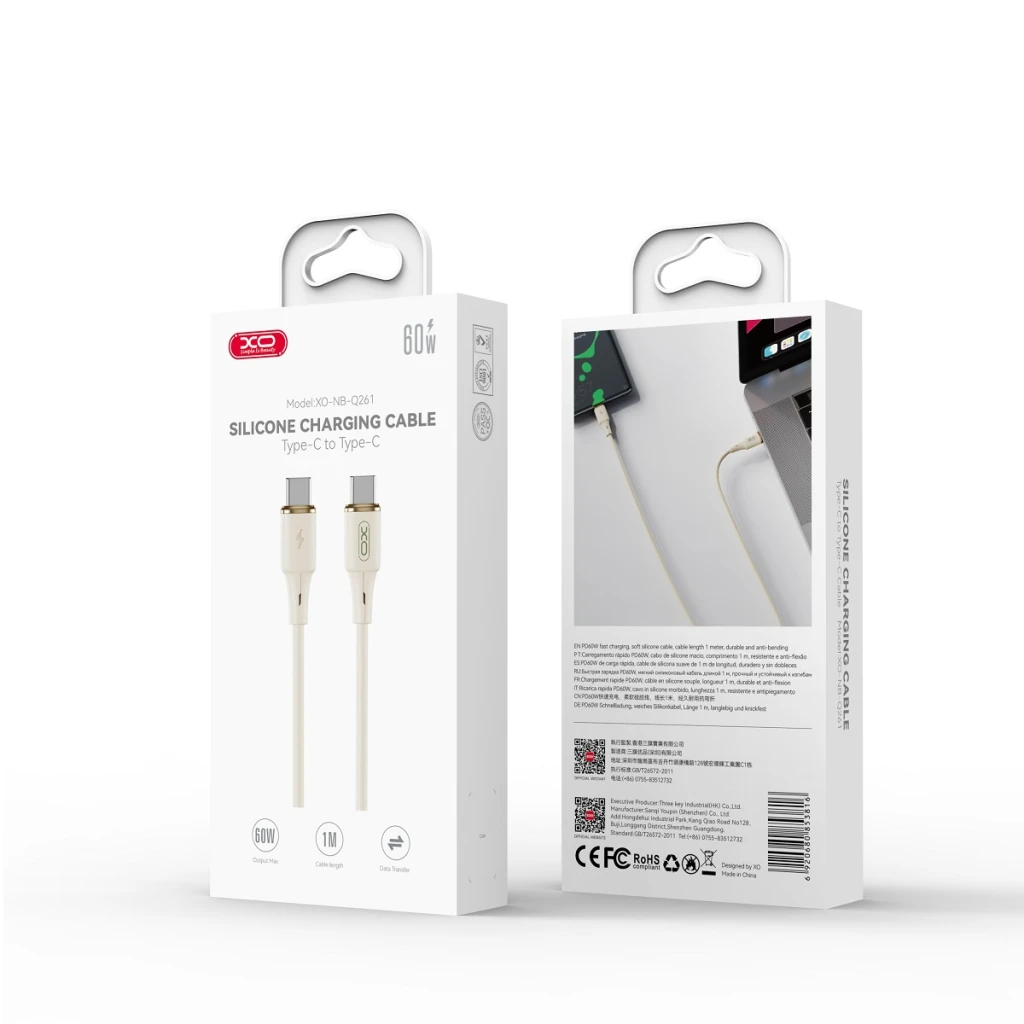 Xo nb-q261 usb-c на usb-c 60w real силиконовый кабель для передачи данных 1 м бежевый 2