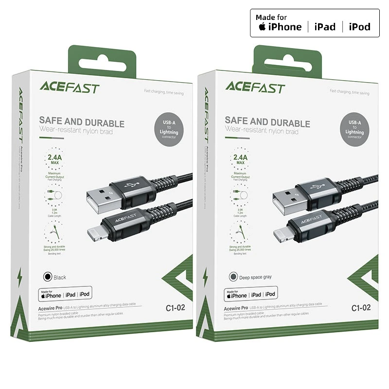 Acefast c1-02 usb-a на lightning из алюминиевого сплава кабель для зарядки и передачи данных черный 8