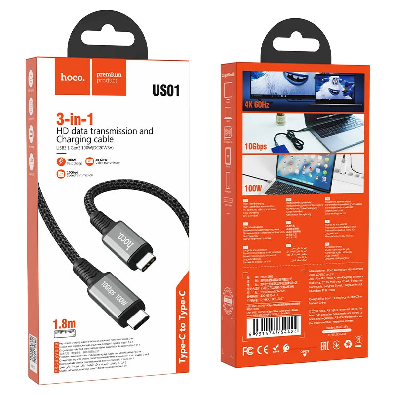 Hoco us01 usb3.1 gen2 10gbps 100w cablu de încărcare și transfer de date hd de mare viteză(lungime 1.8 m) 6