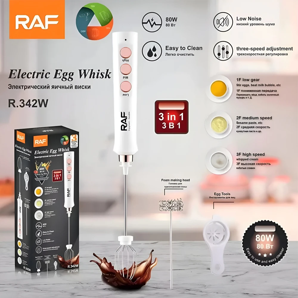 Портативный вспениватель молока и миксер для яиц 3в1 raf r.342w, белый 3
