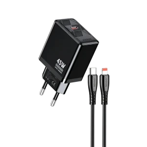 Сетевое зарядное устройство jokade 1*type-c с кабелем type-c на lightning 45w max jb092, черное