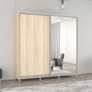 Dulap aron uși glisante din oglindă și pal (210x60x210h cm) sonoma