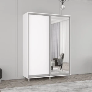 Dulap aron-p 1.0m - 1.8m uși glisante din oglindă și pal (140x60x240h cm) alb brilliant