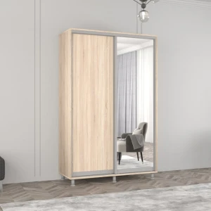 Dulap aron-p 1.0m - 1.8m uși glisante din oglindă și pal (150x60x240h cm) alb brilliant