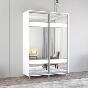 Шкаф aron-s 1.0m - 1.8m с раздвижными дверями из лдсп с зеркалом зебра (160x60x220h см) белый бриллиант