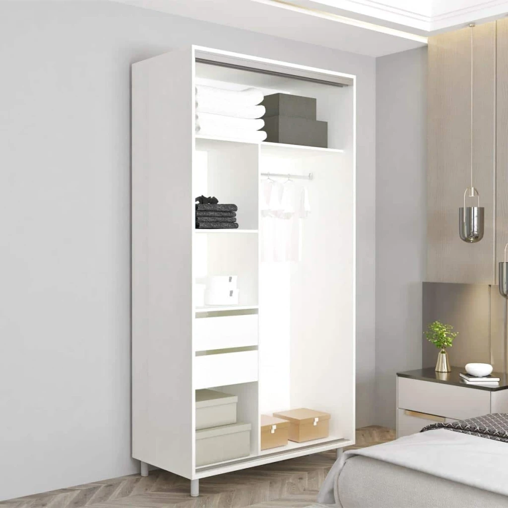 Dulap aron-s uși glisante din pal cu oglindă vertical (100x60x200h cm) alb brilliant 3