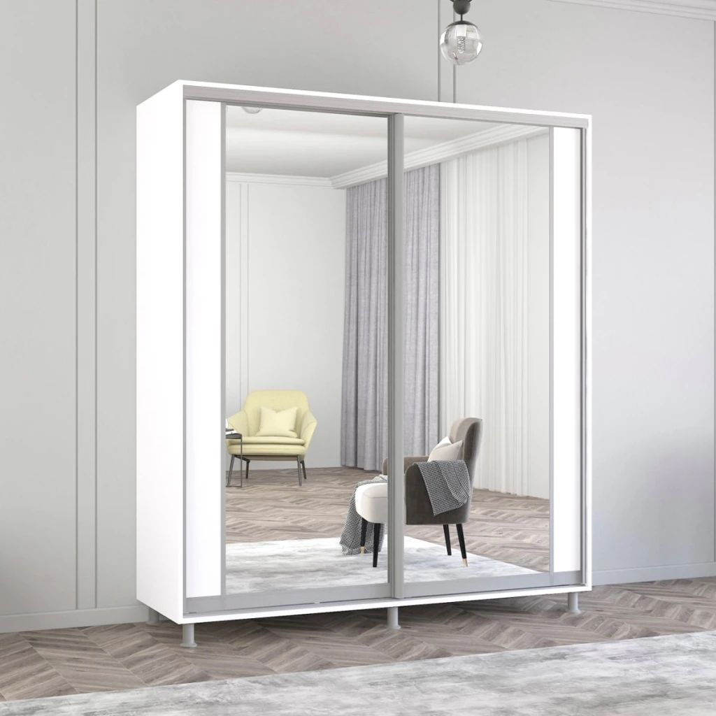 Шкаф aron-s с раздвижными дверями из лдсп с вертикальным зеркалом (190x60x200h см) белый бриллиант 2