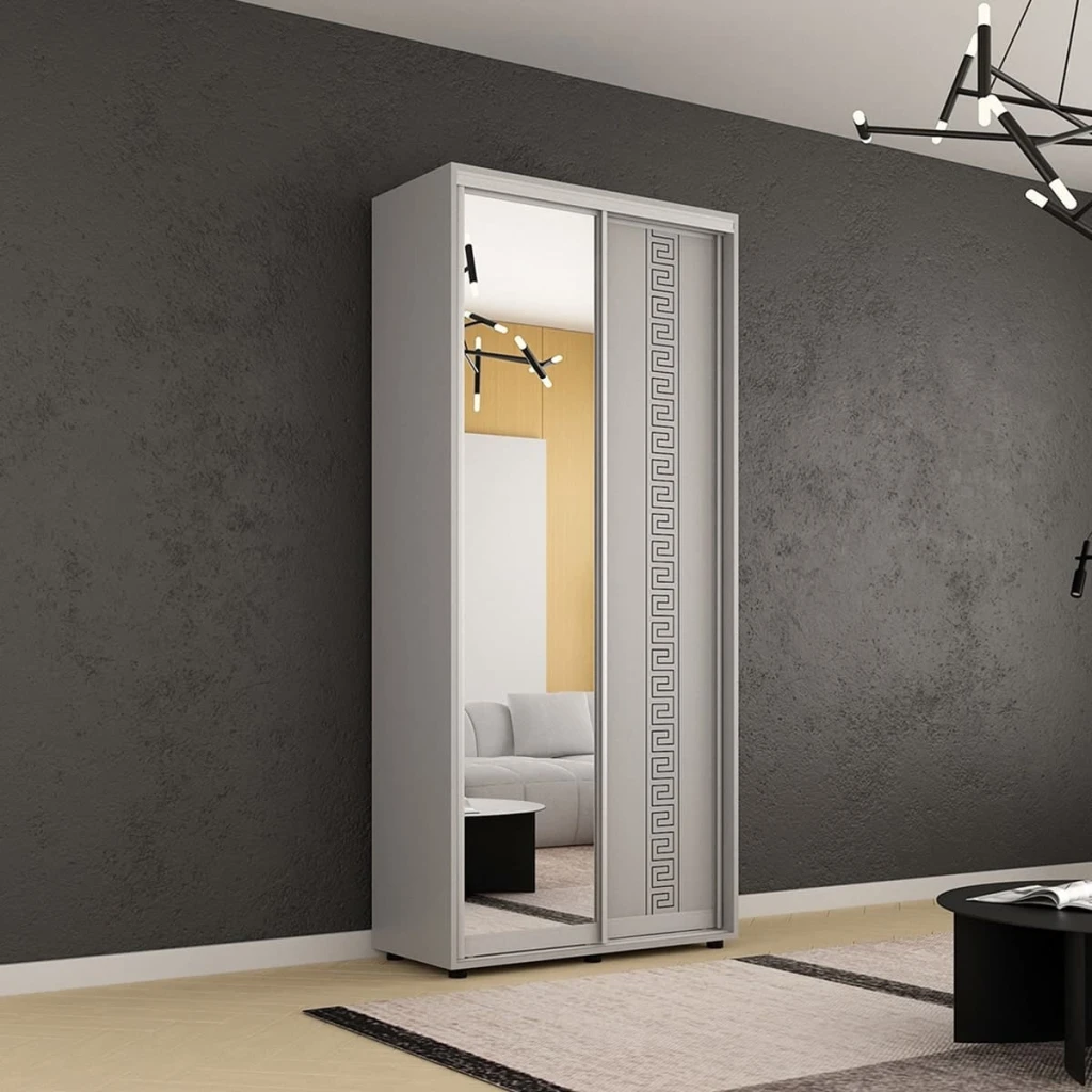 Dulap compact uși glisante oglindă + pal cu ornament grecesc (100x45x200h cm) grey 2