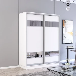 Dulap fox uși glisante din pal cu elemente din oglindă (160x60x240h cm) alb
