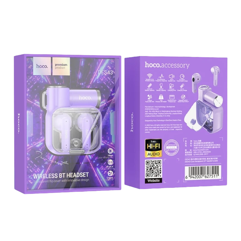 Căști bluetooth hoco des43 core transparente, violet 3