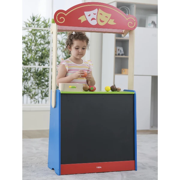 Jucărie din lemn 2 în 1 pentru jocuri de rol „teatru și magazin alimentar” 7