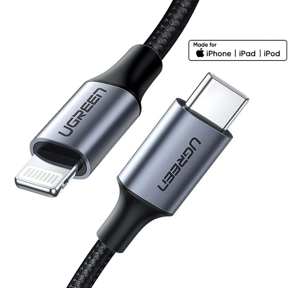 Ugreen cable type-c to lightning mfi, 3a, 1.5m shell braided, us304, black 3