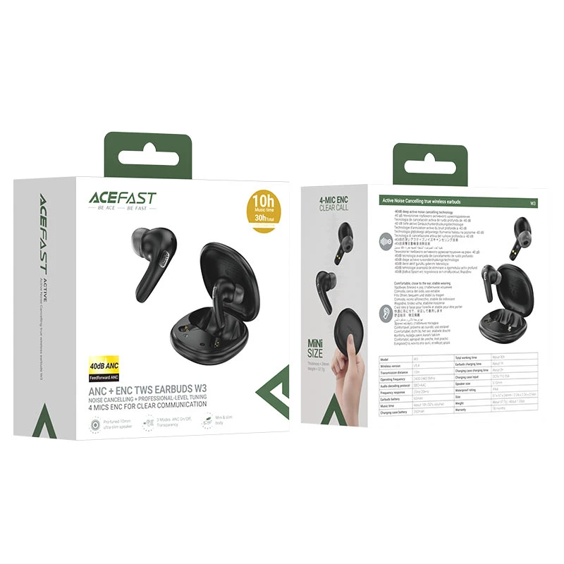 Căști intraauriculare acefast w3 cu anulare activă a zgomotului, negre 2