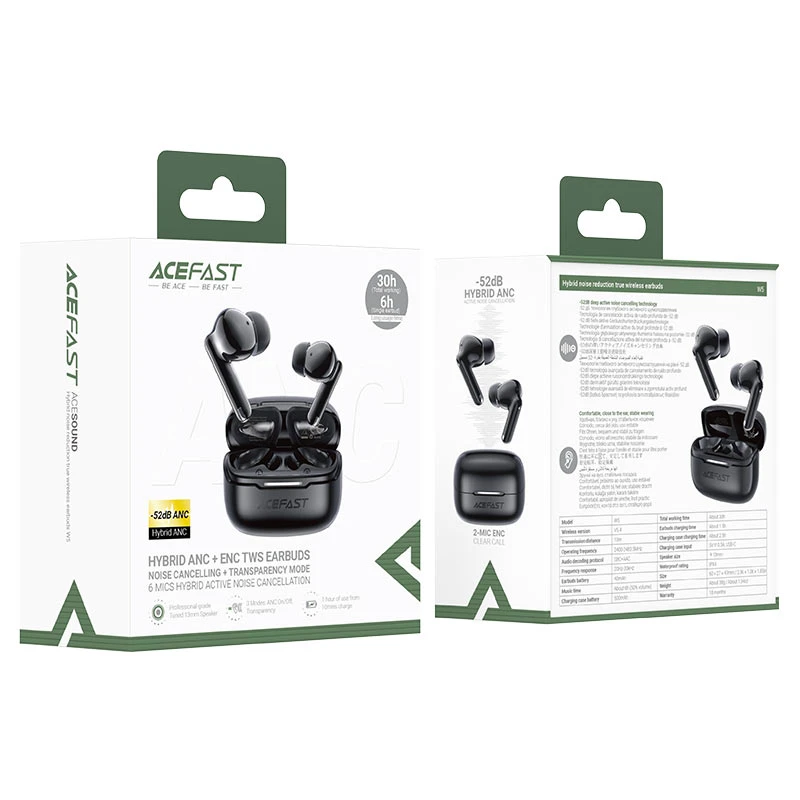 Căști intraauriculare wireless acefast w5 hibride cu reducere a zgomotului, negre 3
