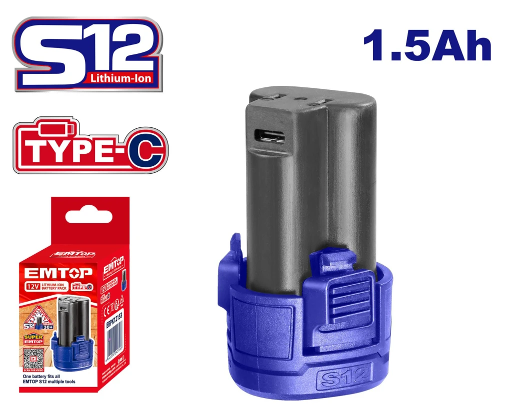 Литий-ионный аккумулятор 1,5 ач, 12 в, usb type-c, emtop 2