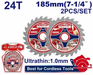 Disc pentru fierastrau tct ultra-subtire 1.0 mm, 185 mm, 2 buc, emtop