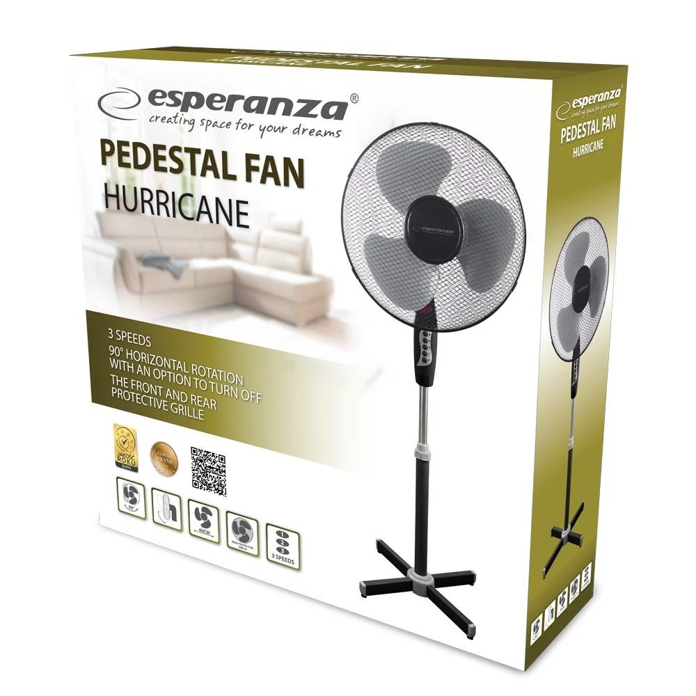 Вентилятор esperanza hurricane ehf001ke черный/серый, 40 см, 50 вт, 3 скорости, длина кабеля 1,5 м 3