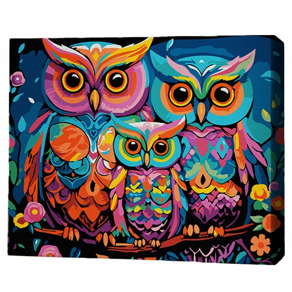 Pictură pe numere 30*40 сm (pânză neagră/fără cutie) – familia de bufnițe 2