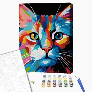 Pictură pe numere 30*40 сm (pânză neagră/fără cutie) – pisică colorată Thumbnail 2