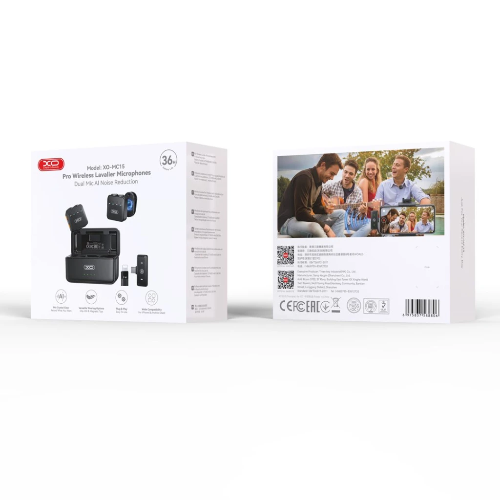 Microfon rever wireless xo mc15 cu microfon dual, cu anulare a zgomotului prin inteligență artificială și carcasă de încărcare inteligentă (adaptor type-c/lightning), negru 2