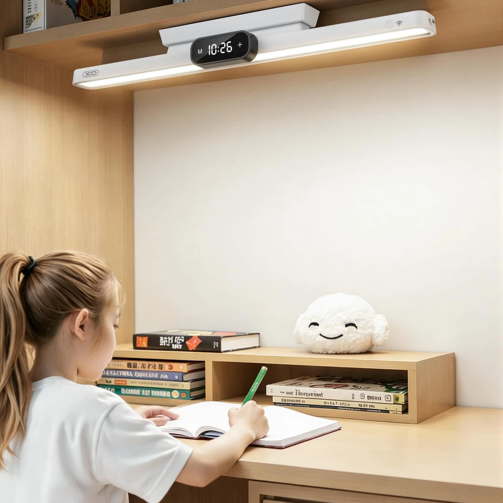 Lampă magnetică de birou/studiu xo oz18 cu afișaj pentru ceas, reglabilă în mai multe unghiuri, lumini în trei culori (cu telecomandă), 3600mah, alb 2