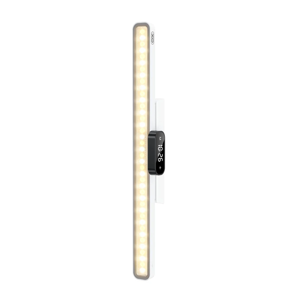 Lampă magnetică de birou/studiu xo oz18 cu afișaj pentru ceas, reglabilă în mai multe unghiuri, lumini în trei culori (cu telecomandă), 3600mah, alb 3