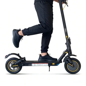 Trotinetă electrică pliabilă xo xo-km03, ediție europeană standard pentru adulți, cu suspensie față și spate + geantă trotinetă + suport + încuietoare cu combinație - neagră cu accente galbene