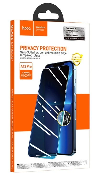 Hoco nano 3d sticlă securizată rezistentă pe tot ecranul cu protecția marginilor și confidențialitate pentru iphone 14 pro (a12 pro) neagră sticlă de protecție 3