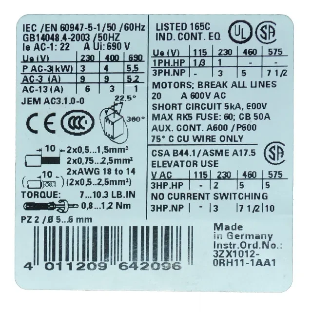 Conector siemens sirius 9 a 60 hz 4 kw 400 v ip20 2
