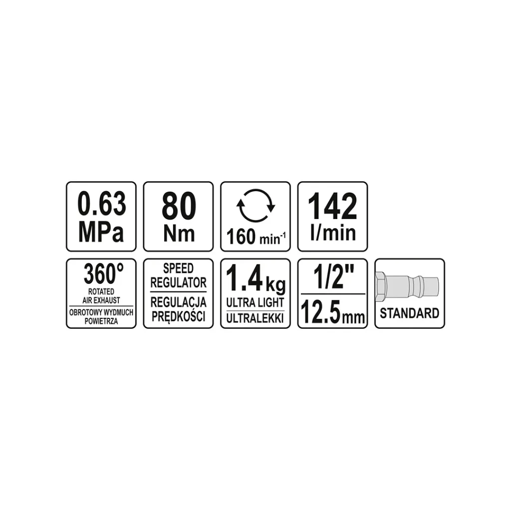 Antrenor pneumatic yato 09803 80 n·m 0.63 mpa 160 rot/min 3