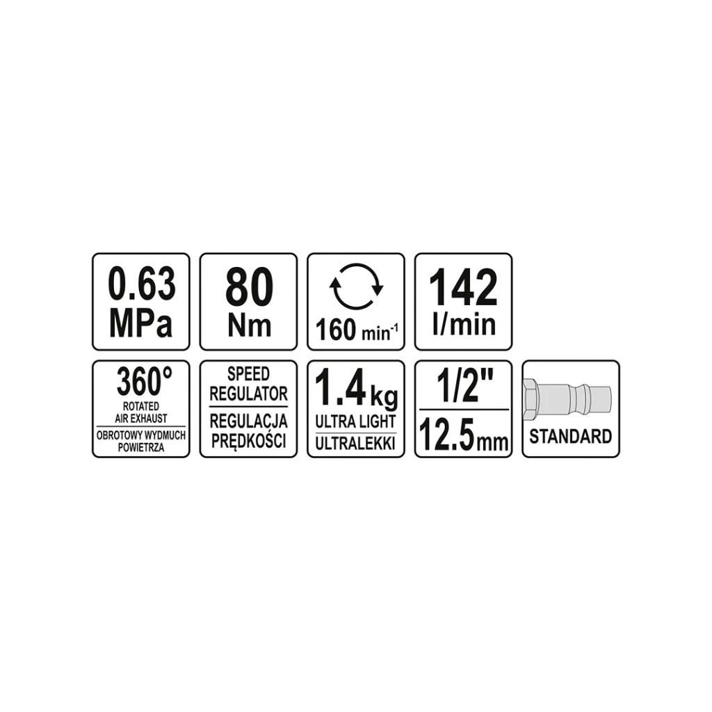 Antrenor pneumatic yato 09803 80 n·m 0.63 mpa 160 rot/min 3