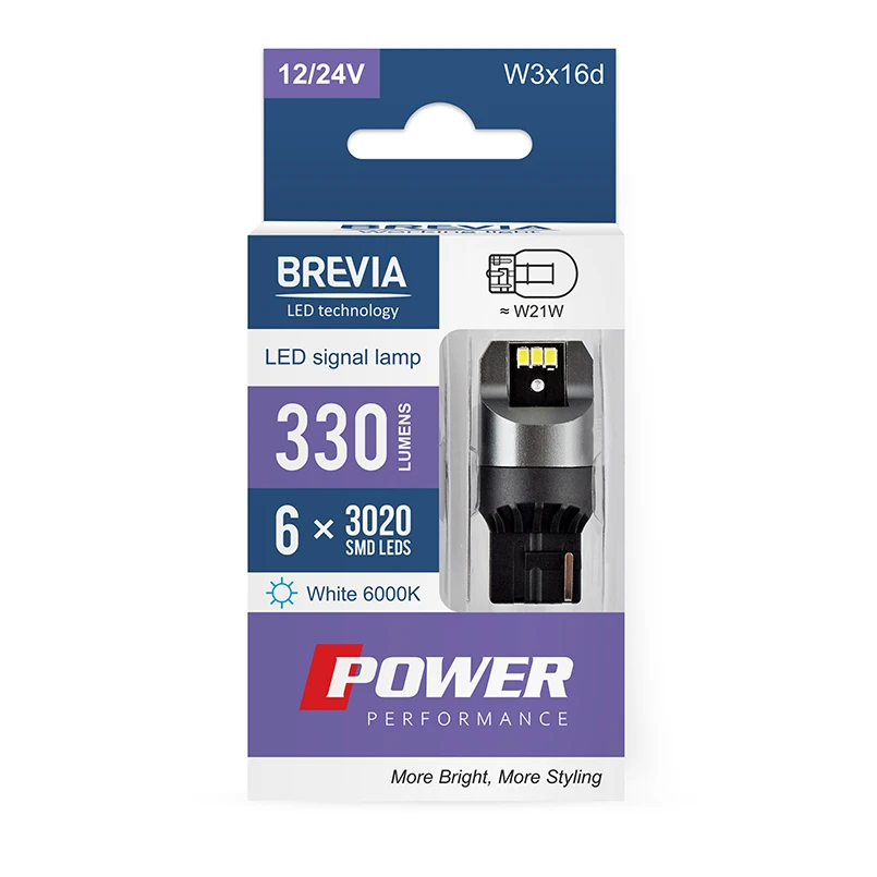 Brevia 10110x2 светодиодная лампа power w21w 330lm 6x3020smd 12/24v canbus 2 шт 2