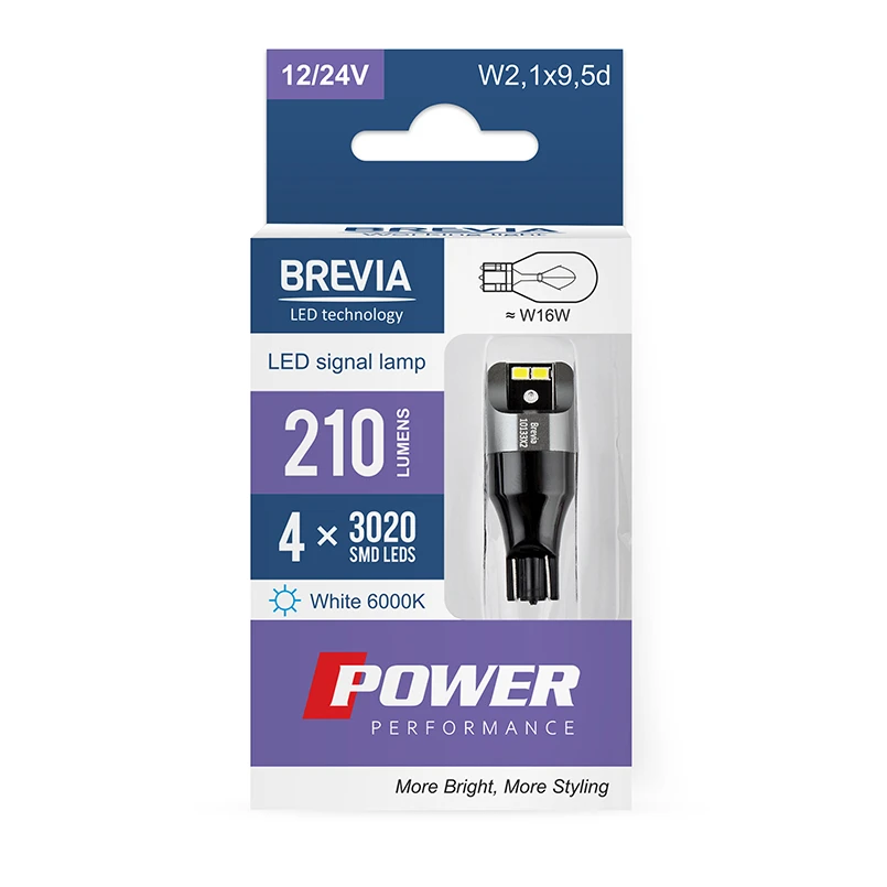 Brevia 10133x2 светодиодная лампа power w16w 210lm 4x3020smd 12/24v canbus, 2 шт. 2