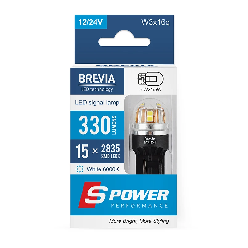 Brevia 10211x2 светодиодная лампа s-power w21/5w 330lm 15x2835smd 12/24v canbus 2 шт 2