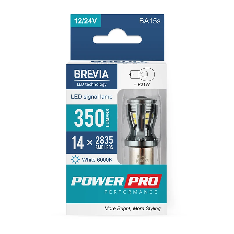 Brevia 10301x2 светодиодная лампа powerpro p21w 350lm 14x2835smd 12/24v canbus 2шт 2