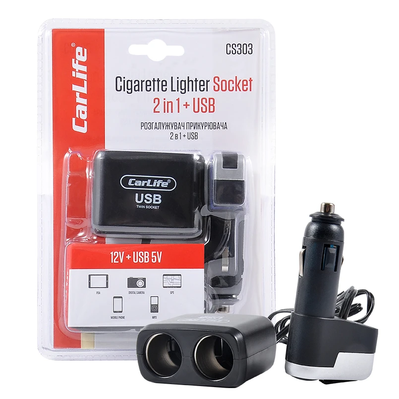 Carlife cs303 разветвитель прикуривателя carlife 2в1 + usb, 12v, 5a, 3 выхода 2