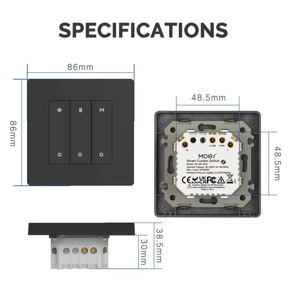Moes zigbee + rf star ring curtain switch 3a (neutral required), grey 3