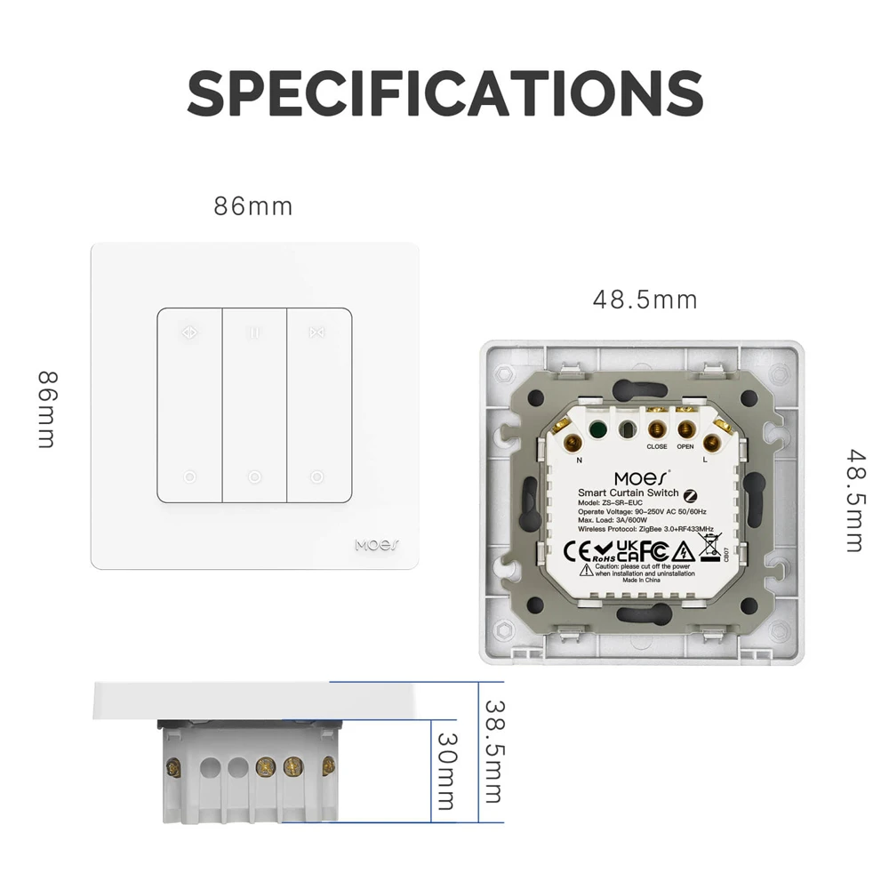 Moes zigbee + rf star ring curtain switch 3a (требуется нейтраль), белый 4