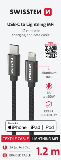 Data cablu swissten textile usb-c / lightning mfi 1.2m black 3