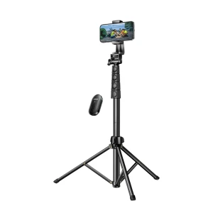 Ugreen phone tripod selfie stick with bluetooth remote control, 100% aluminum metal, foldable, lightweight, 170cm, black Thumbnail 1