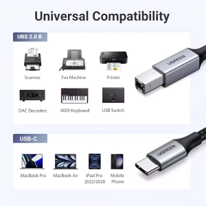 Ugreen кабель usb-c на usb-b 2.0 для принтера, оплетка, алюминиевый корпус, 2 м, черный Thumbnail 2