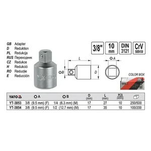 Adaptor pentru cap tubular 3/8"(f) - 1/4"(m) 27 mm yato Thumbnail 2