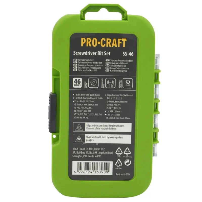 Set biți procraft ss-46, 46 buc. în ambalaj, oțel s2 4