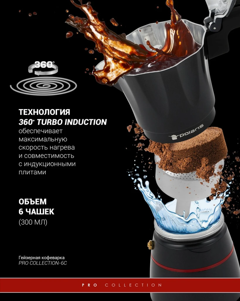 Гейзерная кофеварка polaris pro collection-6c, чёрный 4